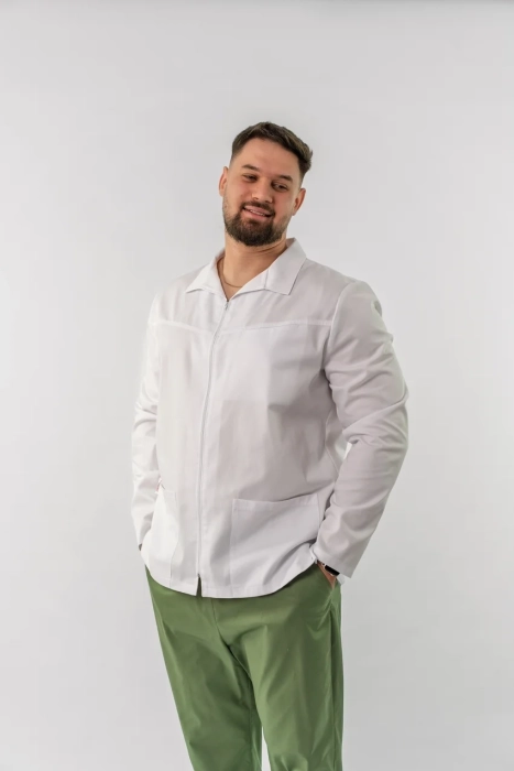 Halat Medical Luca pentru Studenți – Alb, Mânecă Scurtă, Închidere Fermoar